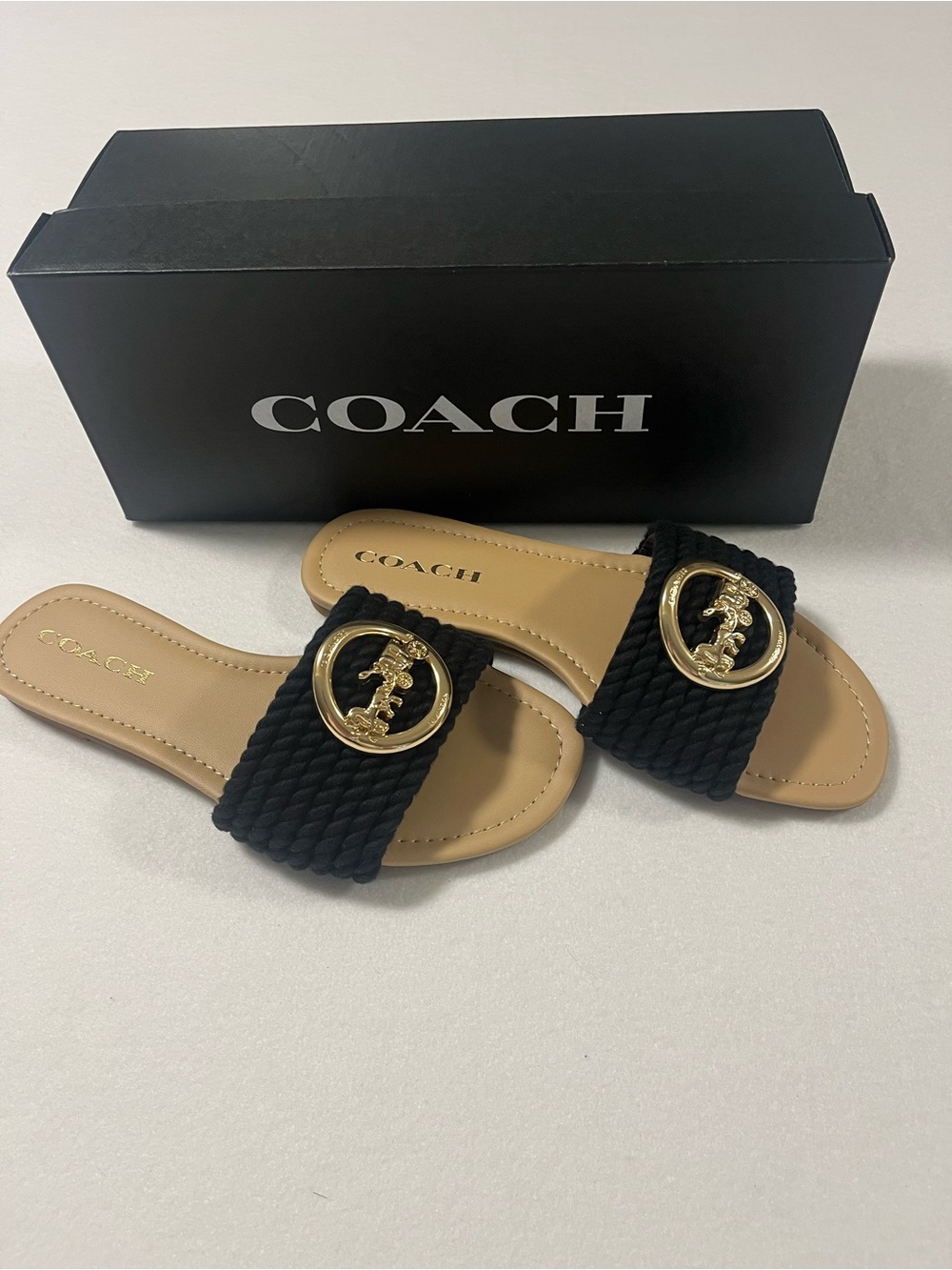 COACH Black Jolie Rope Sandals with Horse and Carriage Medallions